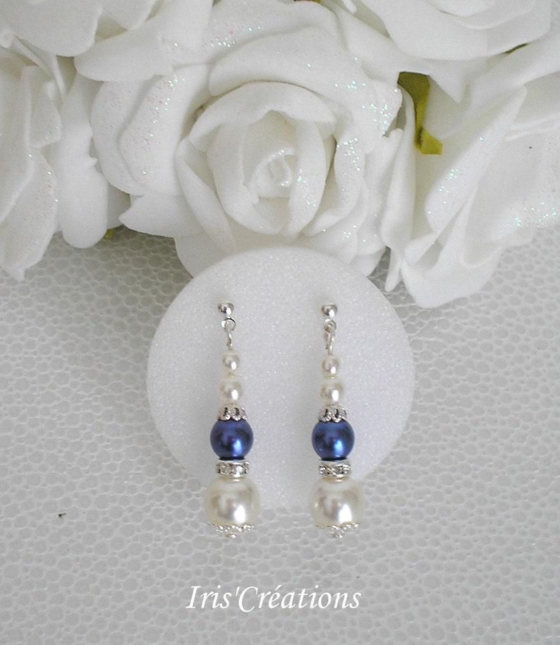 Boucles d'oreilles ref Sofia perles renaissance ivoire bleu nuit et strass image 1