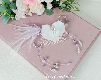 Parure Cheveux sur peigne ref Catalina fleur orchidée plume de coq autruche perles blanches parme et strass