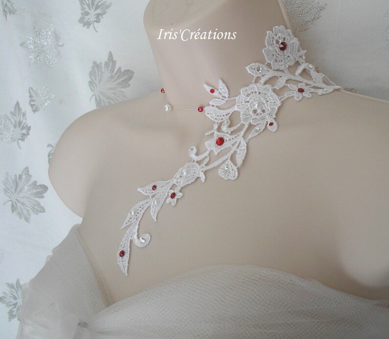 Collier Mariage Sofia dentelle blanche perles et strass de swarovski blanc et rouge image 4