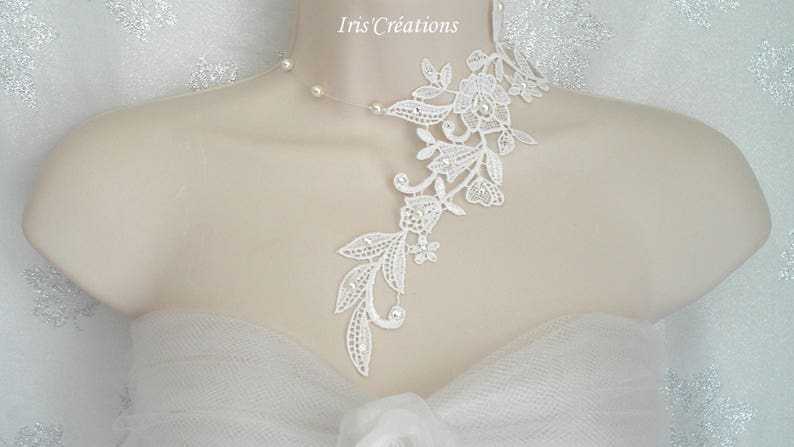 Wedding Necklace Sofia Lace Guipure of Venice Off-White Clear Ivory Pearls and Rhinestones of Swarovski image 3