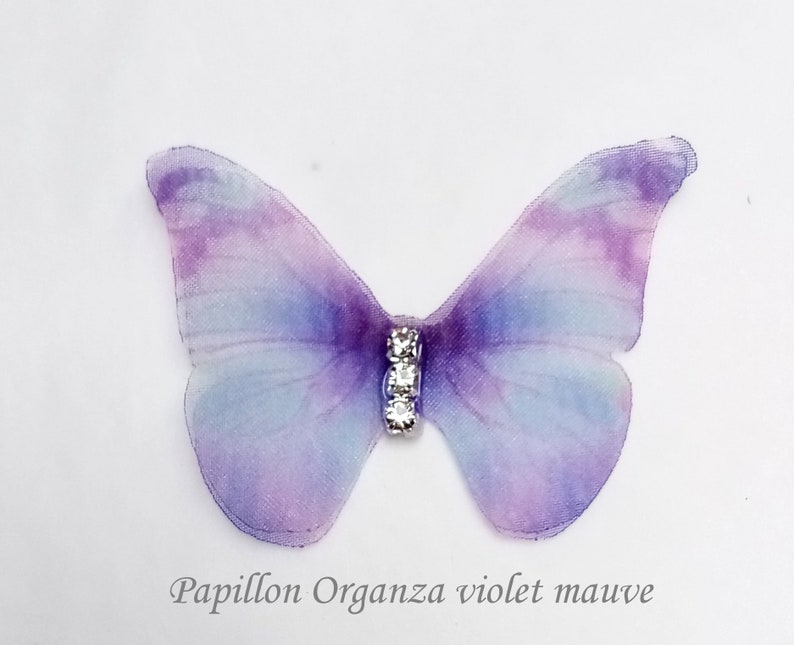 Isélia Butterfly bun picks double organza Pink blue or purple and white pearls set of 6 violet mauve