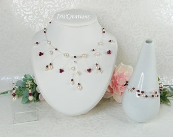 Wedding set Elisa burgundy ivory pearls and swarovski crystal 3 pieces