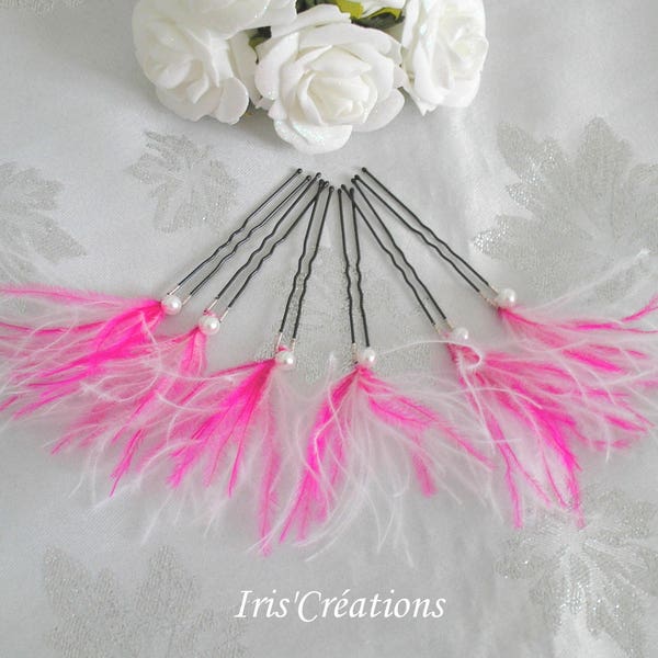 Pic à chignon plumes d'autruches perles blanches et fuchsia