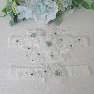 Garter double flowers off-white lace beads and rhinestones turquoise crystal of swarovski image 3