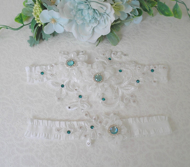 Garter double flowers off-white lace beads and rhinestones turquoise crystal of swarovski image 3