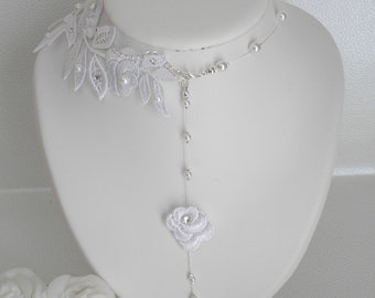 Louisa back jewel white lace flower white pearls and Swarovski rhinestones