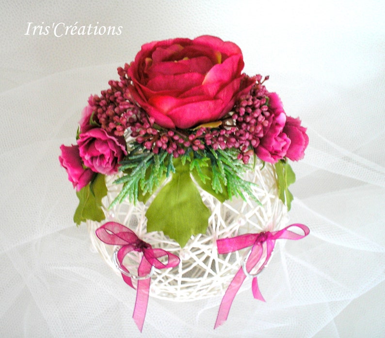 Porte Alliances mariage Boule Fleurs Bohème Romantique blanc et prune image 3