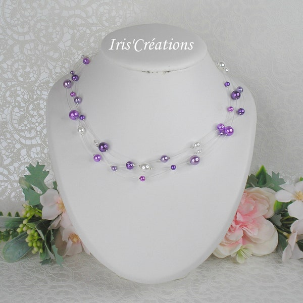 Collier mariage Laurélla perles blanche parme violine et violet foncé