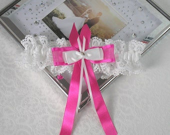 Garter vintage lace white knot organza and satin fuchsia and rhinestones