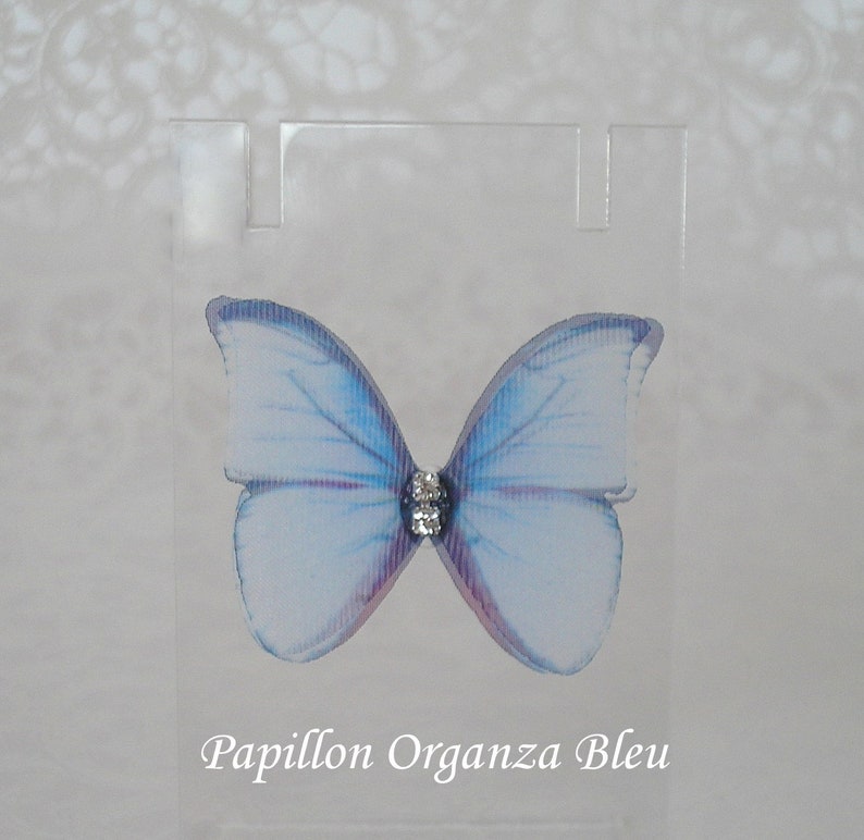 Isélia Butterfly bun picks double organza Pink blue or purple and white pearls set of 6 Papillon bleu