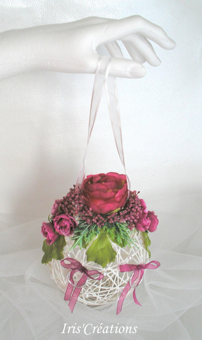 Porte Alliances mariage Boule Fleurs Bohème Romantique blanc et prune image 1