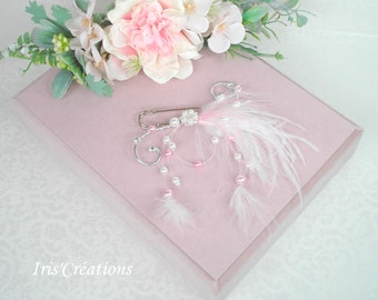 Train attachment ref Vanessa white and powder pink feather beads with Swarovski rhinestones
