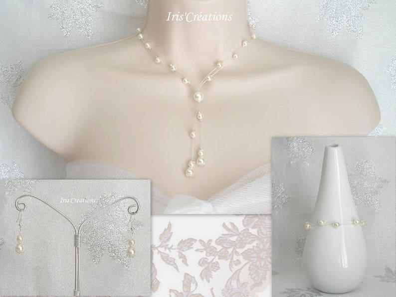 May include: A pearl necklace, earrings, and bracelet set displayed on a mannequin and a white vase. The necklace features a delicate design with a cascade of pearls. The earrings and bracelet also feature pearls. The background is a soft, floral pattern.
