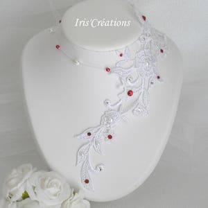 Collier Mariage Sofia dentelle blanche perles et strass de swarovski blanc et rouge image 1