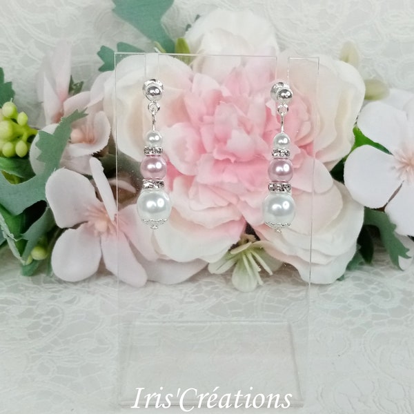 Boucles d'oreilles Mariage Lysiana perles renaissance blanches rose pale et rondelles strass