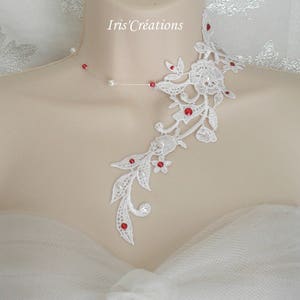 Collier Mariage Sofia dentelle blanche perles et strass de swarovski blanc et rouge image 3