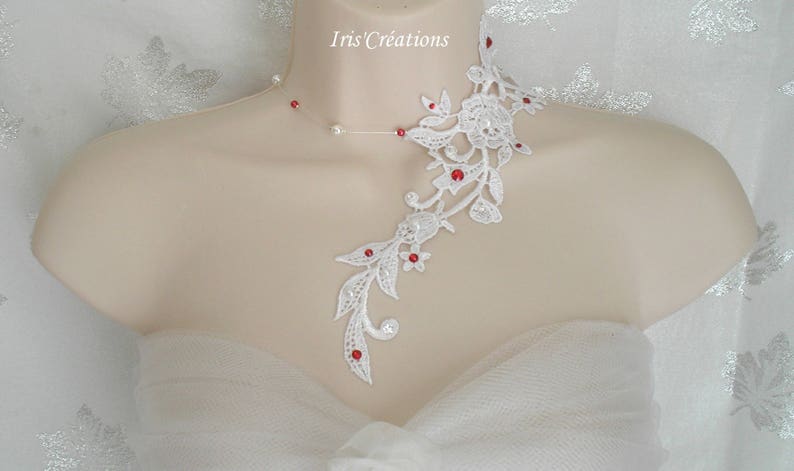 Collier Mariage Sofia dentelle blanche perles et strass de swarovski blanc et rouge image 3