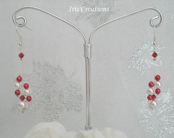 Boucles d'oreilles Elisa perles blanches et rouges et cristal de swarovski