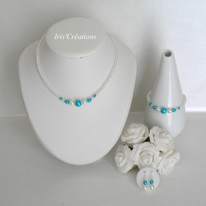 Parure Mariage Gina perles blanches et turquoise image 1