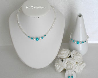 Parure Mariage Gina perles blanches et turquoise