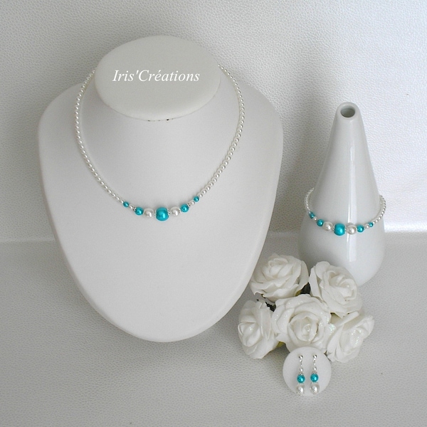 Parure Mariage Gina perles blanches et turquoise