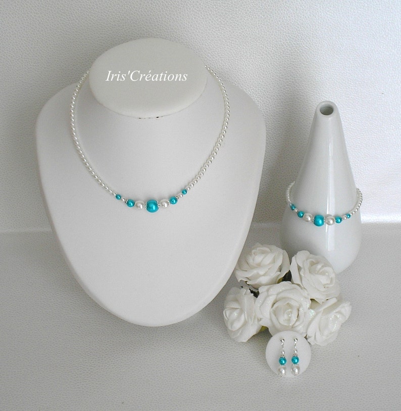 Parure Mariage Gina perles blanches et turquoise image 1