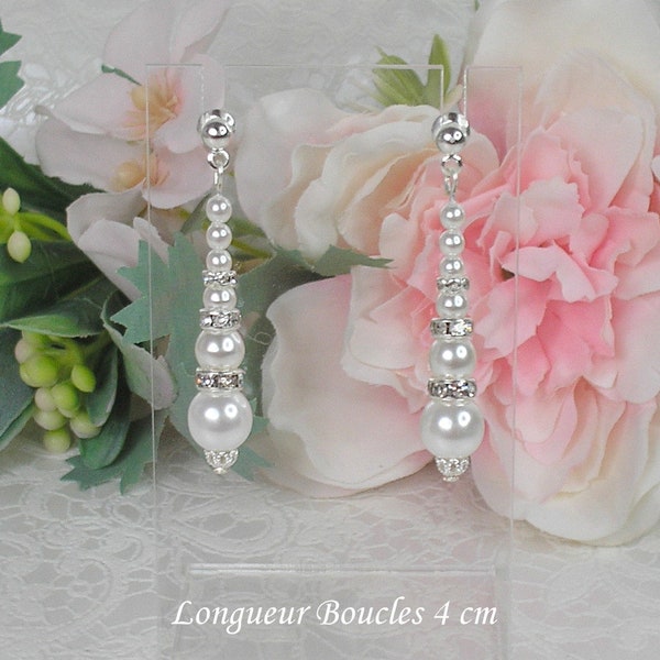 Boucles d'oreilles Mariage Agatha perles renaissance blanches et rondelles strass