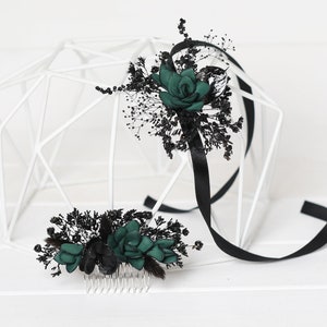 Black emerald succulents flower comb, emerald succulents gothic wedding crown, black emerald Halloween headpiece, gothic floral headpiece