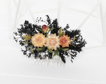 Black ivory gothic hair comb, black ivory flowers wedding hair accessory, black peach floral  hairpiece, black peach Halloween hair comb