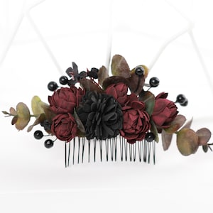 Burgundy black gothic hair comb,  black gothic wedding hair accessories, burgundy black hair piece bridesmaid, Halloween floral hair comb