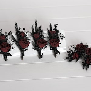 Black burgundy boutonniere, black goth boutonniere, gothic wedding boutonniere, burgundy boutonniere
