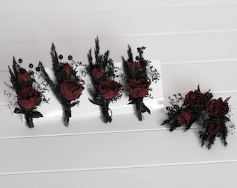 Black burgundy boutonniere, black goth boutonniere, gothic wedding boutonniere, burgundy boutonniere