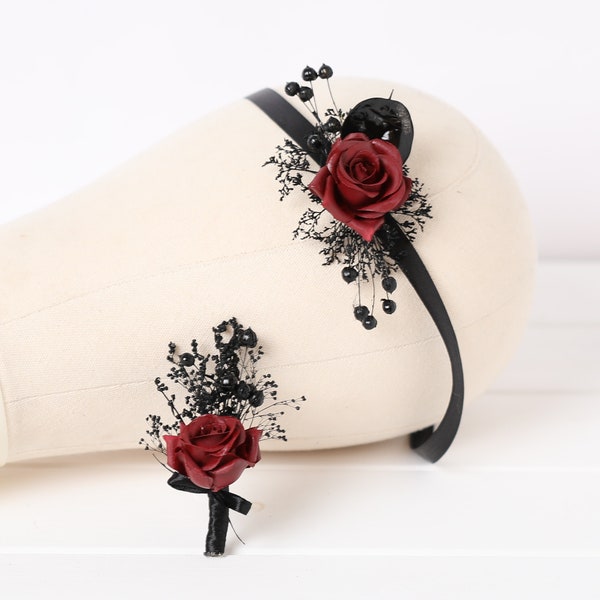 Schwarzer Burgunder-Boutonniere, schwarzer Goth-Boutonniere, Gothic-Hochzeits-Boutonniere, burgunderroter Boutonniere