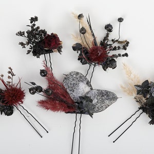 5er Set bordeaux schwarz gothic Haarnadeln Hochzeit Haarschmuck bordeaux bordeaux Blumen Blume Haarnadeln Haarteil Brautjungfer
