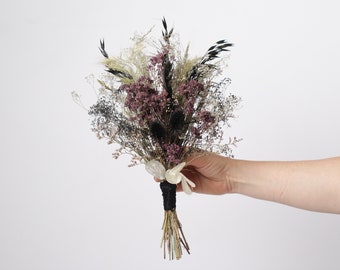Dried black wildflower bouquet, dried lunaria branches bouquet, bouquet with ears of wheat and oats on the front door, natural home decor