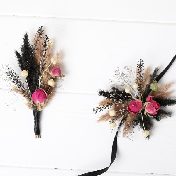 Black pink ivory boutonniere, pampas grass pink black ivory boutonniere, gothic wedding boutonniere, pink ivory boutonniere