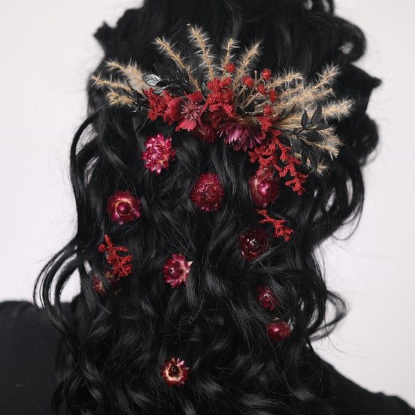 Burgundy black gothic hair comb,  black gothic wedding hair accessories, burgundy black hair piece bridesmaid, Halloween  floral hair comb