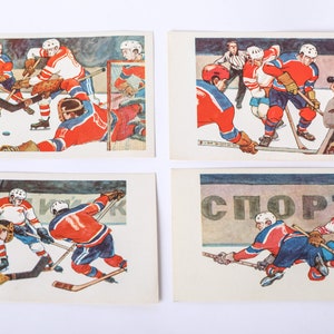 Sowjetische Vintage Hockey Postkarten, Hockey Postkarten Illustrationen, Bilder vom Hockey, Hockey Postkarten