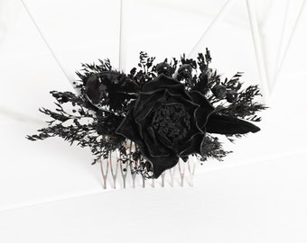 Peine de pelo gótico negro, accesorios para el cabello de boda gótico negro, dama de honor de peluquín negro, peine de pelo floral de Halloween gótico negro