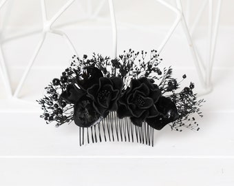 Peine de pelo gótico negro, accesorios para el cabello de boda gótico negro, dama de honor de peluquín negro, peine de pelo floral de Halloween gótico negro