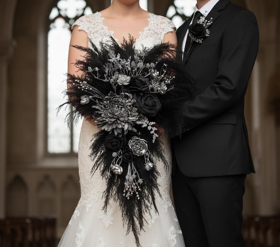 Black Silver Gothic Wildflower Bouquet, Gothic Wedding Bouquet