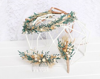 Ivory aquamarine dried flowers wedding accessories cream turquoise wedding buttonhole ivory aqua blue beach wedding hair crown