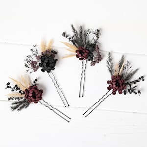 Set mit 4 burgunderroten schwarzen Gothic-Haarnadeln, Hochzeit-Haarschmuck, Braut-Bordeaux-Blüten, Blumen-Haarnadeln, Haarteil, Brautjungfer