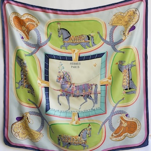 Hermes Scarf, Hermes Paris Vintage Silk Scarf, women Silk shawl, Headscarf Square silk scarf, classic equestrian silk twill blue scarf