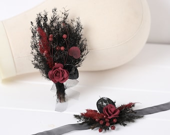 Black burgundy boutonniere and corsage, black goth boutonniere, gothic wedding corsage, burgundy boutonniere, burgundy corsage