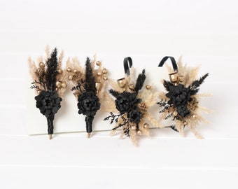 Black gold boutonniere and corsade, black goth gold boutonniere , gothic halloween wedding boutonniere, black gold wedding
