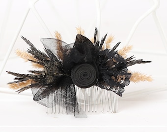 Peine de pelo gótico de encaje negro, accesorios para el cabello de boda gótico de marfil negro, dama de honor de pieza de pelo de marfil negro, peine de pelo floral gótico de Halloween