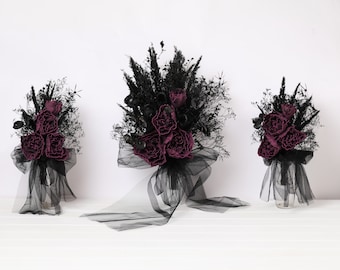 Black dark purple eggplant wedding bouquet with black veil, wedding bouquet in eggplant colored, dark purple eggplant colored peonies