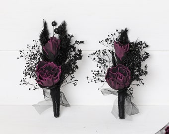 Black dark purple eggplant colored peonies boutonniere, black goth eggplant boutonniere, gothic wedding boutonniere, dark purple boutonniere