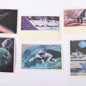 Soviet vintage Space postcards, Cosmos 1971, Space postcards illustrations, Astronauts, images of the moon, Cosmos postcards